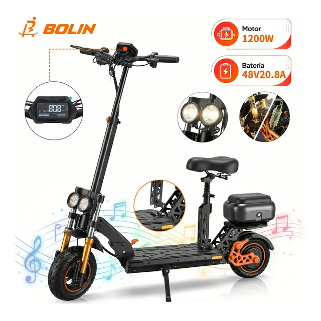 Patinete Elétrico Bolin M5 Adulto, Dobrável Com Motor De 1200w E Pneus De 11 ,48v 20.8ah, Liga De Alumínio, Assento Removível, E Bike Preto