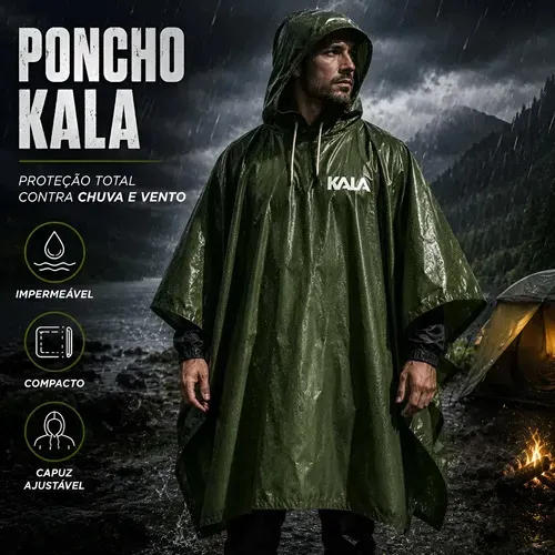 Capa De Chuva Poncho Impermeável Com Capuz Adulto Kala Verde Exército G Liso